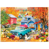 A blue pickup sits before a blue house with autumn trees, pumpkins, dogs, a scarecrow, and a rooster near a red barn in the ROSEART-SOFT TOUCH-AUTUMN HILL COTTAGE-1000 PIECE JIGSAW PUZZLE.