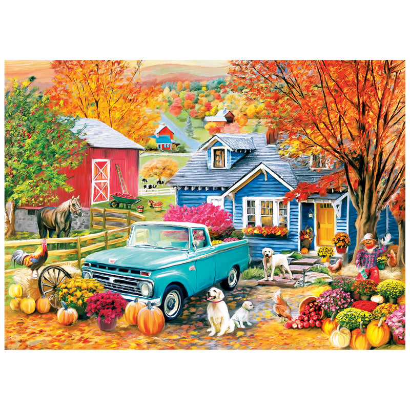 A blue pickup sits before a blue house with autumn trees, pumpkins, dogs, a scarecrow, and a rooster near a red barn in the ROSEART-SOFT TOUCH-AUTUMN HILL COTTAGE-1000 PIECE JIGSAW PUZZLE.