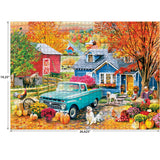 The ROSEART-SOFT TOUCH-AUTUMN HILL COTTAGE-1000 PIECE JIGSAW PUZZLE features a blue vintage truck by a blue house with autumn trees, pumpkins, animals, and a red barn in a charming cottage scene. Puzzle dimensions are shown.