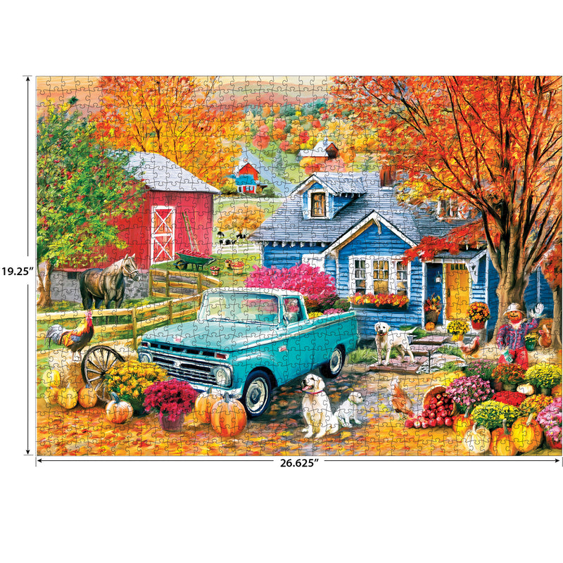 The ROSEART-SOFT TOUCH-AUTUMN HILL COTTAGE-1000 PIECE JIGSAW PUZZLE features a blue vintage truck by a blue house with autumn trees, pumpkins, animals, and a red barn in a charming cottage scene. Puzzle dimensions are shown.