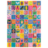 A grid of vibrant illustrated squares with insects, leaves, flowers, moons, and suns—perfect as the ROSEART-SOFT TOUCH-SUMMER QUILT-1000 PIECE JIGSAW PUZZLE for a cheerful summer challenge.