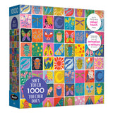 The ROSEART-SOFT TOUCH-SUMMER QUILT-1000 PIECE JIGSAW PUZZLE features vibrant insects and flowers in a grid, reminiscent of a summer quilt, and boasts a soft velvet touch finish for an enjoyable puzzling experience.