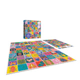 The completed ROSEART-SOFT TOUCH-SUMMER QUILT-1000 PIECE JIGSAW PUZZLE with vibrant nature-themed quilt squares is shown next to its box and reference poster on a white background.