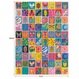 The ROSEART-SOFT TOUCH-SUMMER QUILT 1000 piece jigsaw puzzle measures 26.625 x 19.25 inches and features a rectangular quilt design with colorful squares showing insects, flowers, and leaves.