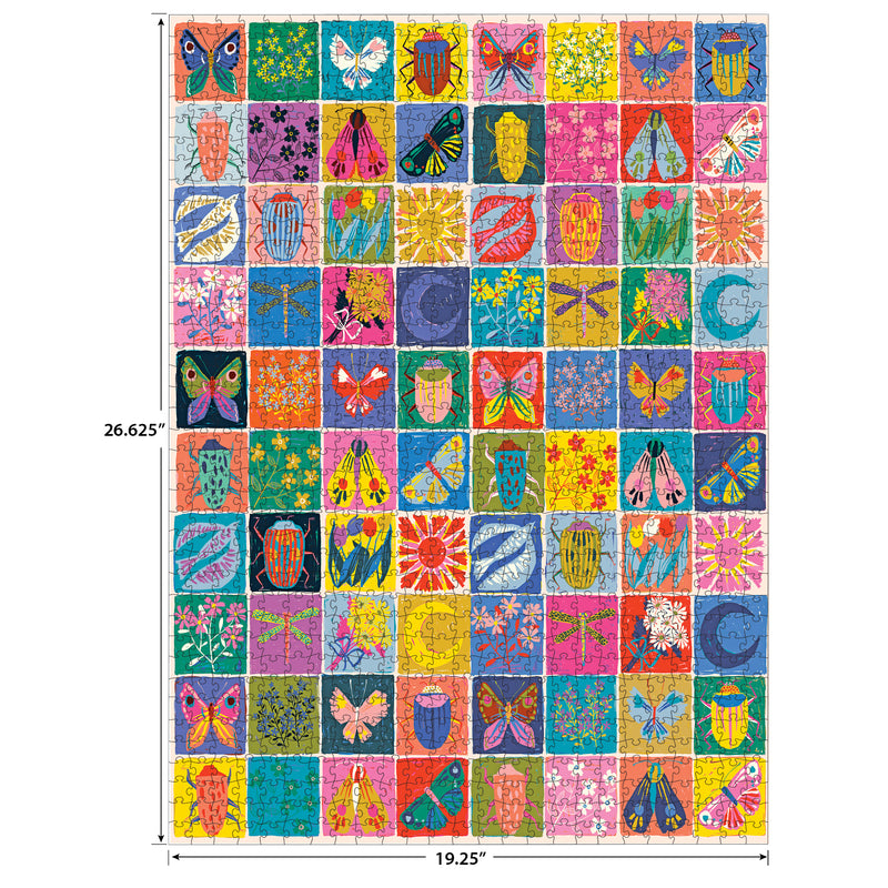 The ROSEART-SOFT TOUCH-SUMMER QUILT 1000 piece jigsaw puzzle measures 26.625 x 19.25 inches and features a rectangular quilt design with colorful squares showing insects, flowers, and leaves.