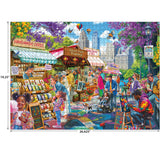 Experience the vibrant ROSEART-KODAK PREMIUM CITY STREET FAIR 1000-piece jigsaw puzzle, featuring lively vendor stalls, shoppers, children, artists, trees, and skyscrapers—printed on Kodak’s high-quality material. Dimensions are clearly labeled.