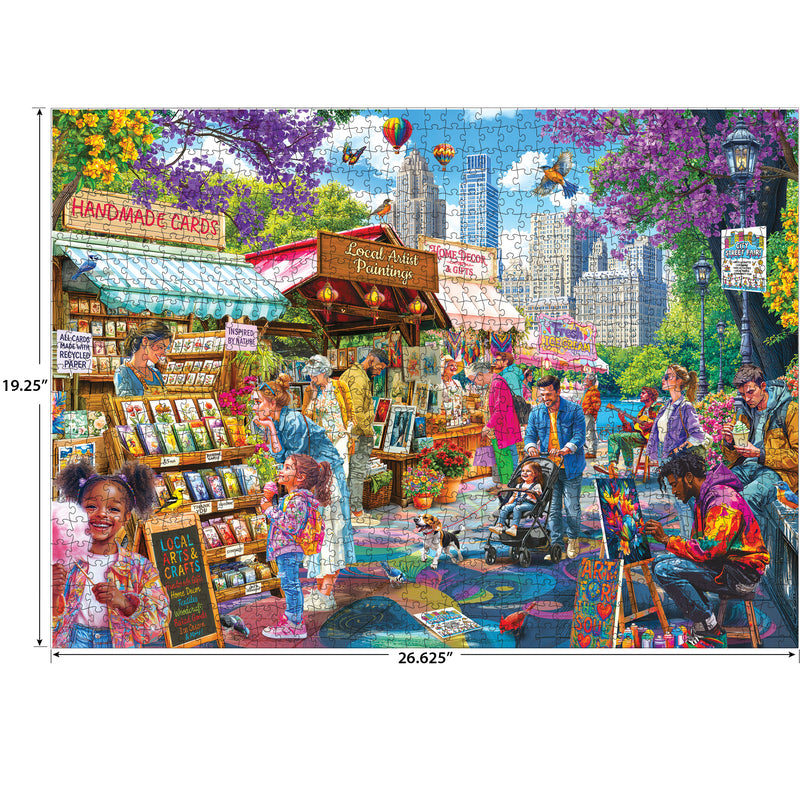 Experience the vibrant ROSEART-KODAK PREMIUM CITY STREET FAIR 1000-piece jigsaw puzzle, featuring lively vendor stalls, shoppers, children, artists, trees, and skyscrapers—printed on Kodak’s high-quality material. Dimensions are clearly labeled.