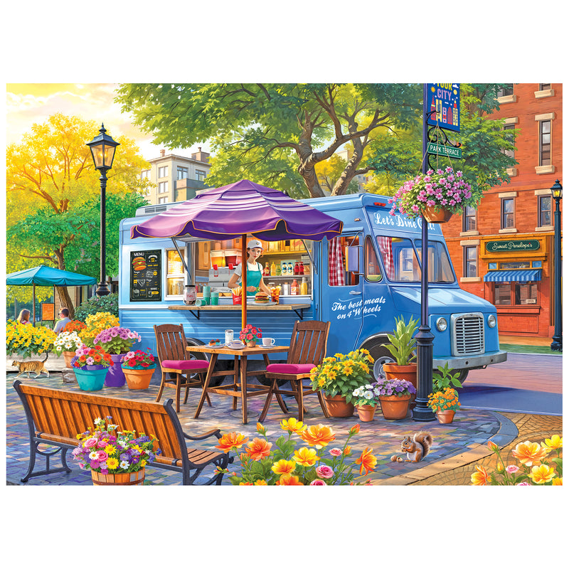 The ROSEART-KODAK PREMIUM City Food Truck 1000 Piece Jigsaw Puzzle features a lively food truck scene and provides hours of engaging fun for puzzle enthusiasts.