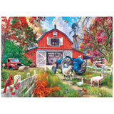 A red barn, windmill, blue tractor, farm animals, and an old truck create a vibrant scene in the ROSEART-KODAK PREMIUM-BIG COUNTRY BARN 1000 Piece Jigsaw Puzzle.