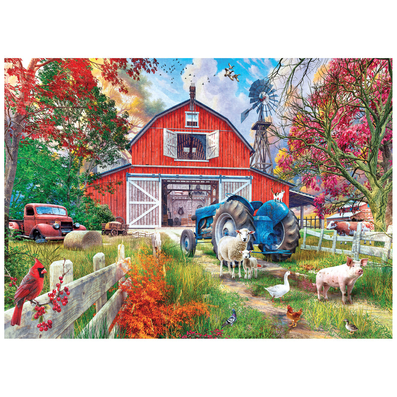 A red barn, windmill, blue tractor, farm animals, and an old truck create a vibrant scene in the ROSEART-KODAK PREMIUM-BIG COUNTRY BARN 1000 Piece Jigsaw Puzzle.