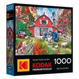 The ROSEART-KODAK PREMIUM-BIG COUNTRY BARN 1000 piece jigsaw puzzle features a charming farm scene with animals on its puzzle box.