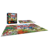 The ROSEART-KODAK PREMIUM BIG COUNTRY BARN 1000 Piece Jigsaw Puzzle features a vibrant autumn farmhouse scene, shown both completed and in progress, with the puzzle box on display.