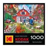 The ROSEART-KODAK PREMIUM-BIG COUNTRY BARN 1000 piece jigsaw puzzle box shows a red barn, blue tractor, farm animals, trees, and a windmill.