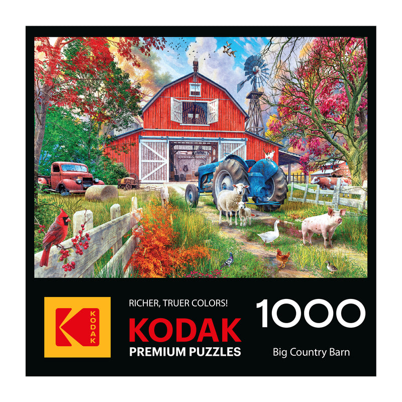 The ROSEART-KODAK PREMIUM-BIG COUNTRY BARN 1000 piece jigsaw puzzle box shows a red barn, blue tractor, farm animals, trees, and a windmill.