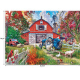 Experience the ROSEART-KODAK PREMIUM-BIG COUNTRY BARN 1000 PIECE JIGSAW PUZZLE with a red barn, blue tractor, autumn trees, farm animals, and vintage red truck. Printed on premium quality and measures 19.25" x 26.625".