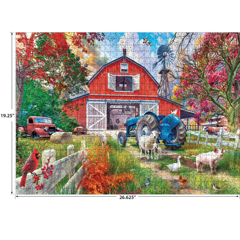 Experience the ROSEART-KODAK PREMIUM-BIG COUNTRY BARN 1000 PIECE JIGSAW PUZZLE with a red barn, blue tractor, autumn trees, farm animals, and vintage red truck. Printed on premium quality and measures 19.25" x 26.625".