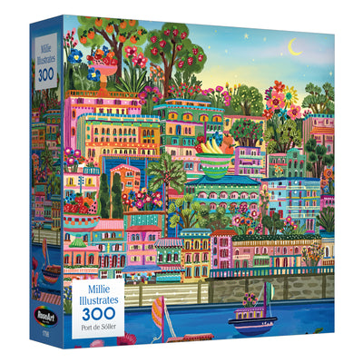 The ROSEART-MILLIE ILLUSTRATES-PORT DE SOLLER 300-piece jigsaw puzzle features a vibrant illustration of Port de Soller with colorful buildings, lush greenery, boats, and a crescent moon over the scenic coastal town.
