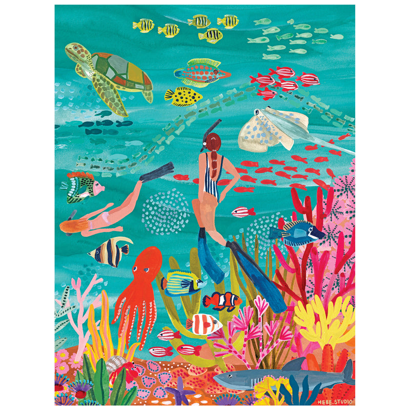 Dive into the ROSEART-HEBE STUDIOS-UNDER THE SEA 300 piece jigsaw puzzle, featuring two snorkelers exploring colorful coral reefs, fish, an octopus, a sea turtle, and more—perfect for ocean lovers!.