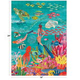 Colorful illustration of two snorkelers with fish, sea turtle, coral, and plants in clear blue water. ROSEART-HEBE STUDIOS-UNDER THE SEA 300 piece jigsaw puzzle, measures 24x18 inches.