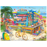 Enjoy vibrant beach scenes with the ROSEART-BIGELOW ILLUSTRATIONS-SHAGGY'S SURF SHACK 500 piece jigsaw puzzle, featuring a colorful surf shack, surfboards, beach gear, signs, and a yellow bike by the ocean.