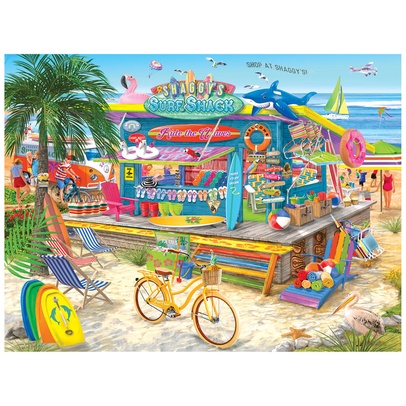 Enjoy vibrant beach scenes with the ROSEART-BIGELOW ILLUSTRATIONS-SHAGGY'S SURF SHACK 500 piece jigsaw puzzle, featuring a colorful surf shack, surfboards, beach gear, signs, and a yellow bike by the ocean.