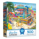The ROSEART-BIGELOW ILLUSTRATIONS-SHAGGY'S SURF SHACK-500 PIECE JIGSAW PUZZLE features a colorful beachside scene with surfboards, a bike, and vibrant decorations.
