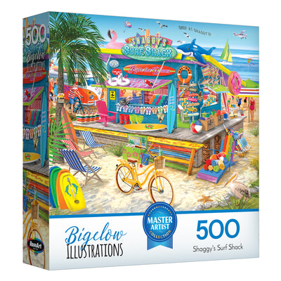 The ROSEART-BIGELOW ILLUSTRATIONS-SHAGGY'S SURF SHACK-500 PIECE JIGSAW PUZZLE features a colorful beachside scene with surfboards, a bike, and vibrant decorations.