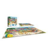 The completed ROSEART-BIGELOW ILLUSTRATIONS-SHAGGY'S SURF SHACK 500 piece jigsaw puzzle displays a vibrant beach scene, shown with its box and reference image featuring iconic Bigelow illustrations.