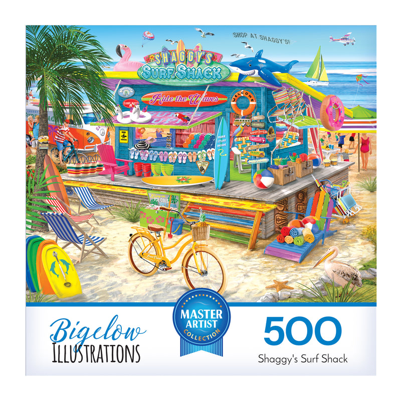 The ROSEART-BIGELOW ILLUSTRATIONS-SHAGGY'S SURF SHACK-500 PIECE JIGSAW PUZZLE box shows a vibrant scene of Shaggy's shop offering surfboards, beach gear, and snacks with people, umbrellas, and an ocean backdrop.