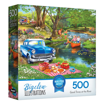 The ROSEART-BIGELOW ILLUSTRATIONS-GOOD TIMES AT THE RIVER 500-piece jigsaw puzzle features a vintage car, picnic scene, and people boating and swimming by a scenic river in a classic Bigelow illustration.
