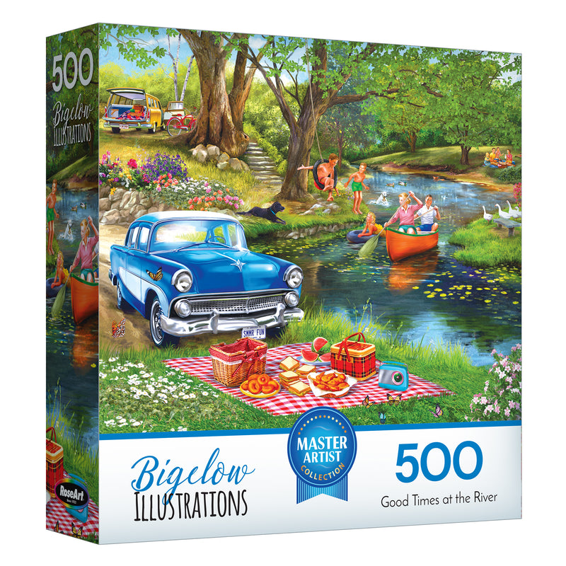 The ROSEART-BIGELOW ILLUSTRATIONS-GOOD TIMES AT THE RIVER 500-piece jigsaw puzzle features a vintage car, picnic scene, and people boating and swimming by a scenic river in a classic Bigelow illustration.