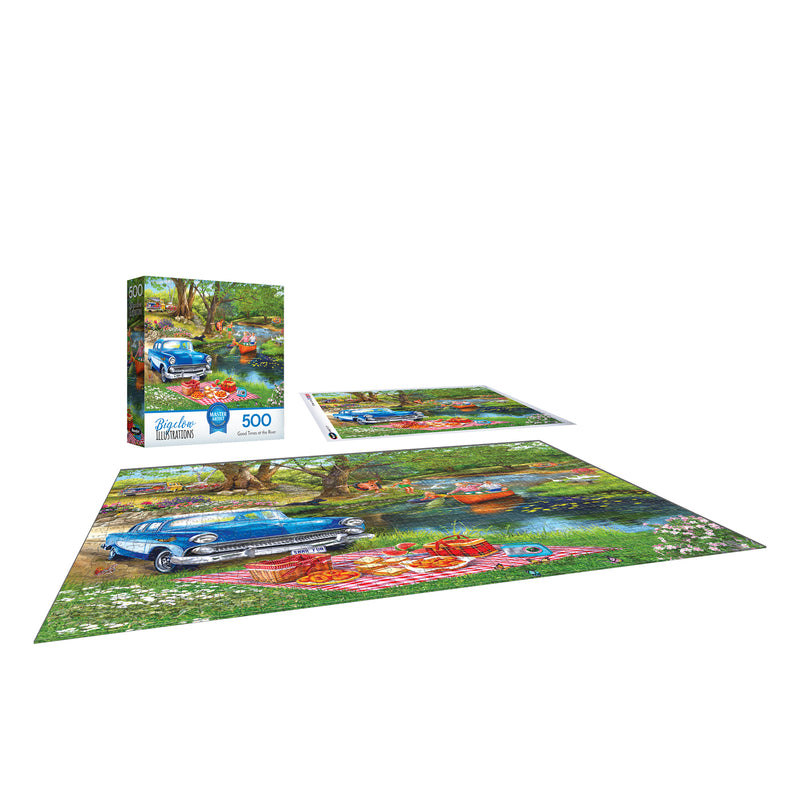 Enjoy the ROSEART-BIGELOW ILLUSTRATIONS-GOOD TIMES AT THE RIVER 500 piece puzzle, featuring a vintage blue car, red checkered blanket, and lush greenery—perfect for nature lovers and puzzle enthusiasts.