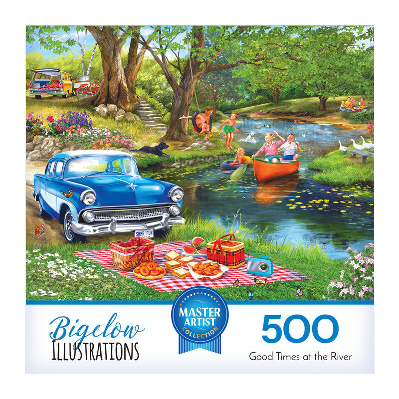 A blue vintage car is parked by a river where people canoe, swim, and fish beside a picnic on a red-checkered blanket in the ROSEART-BIGELOW ILLUSTRATIONS-GOOD TIMES AT THE RIVER-500 PIECE JIGSAW PUZZLE.