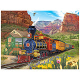 The ROSEART-BIGELOW ILLUSTRATIONS-CANYON EXPRESS-500 PIECE JIGSAW PUZZLE features a colorful steam locomotive #58 pulling yellow cars through a desert scene with red cliffs, cacti, wildflowers, and a bird—perfect for puzzle enthusiasts!.