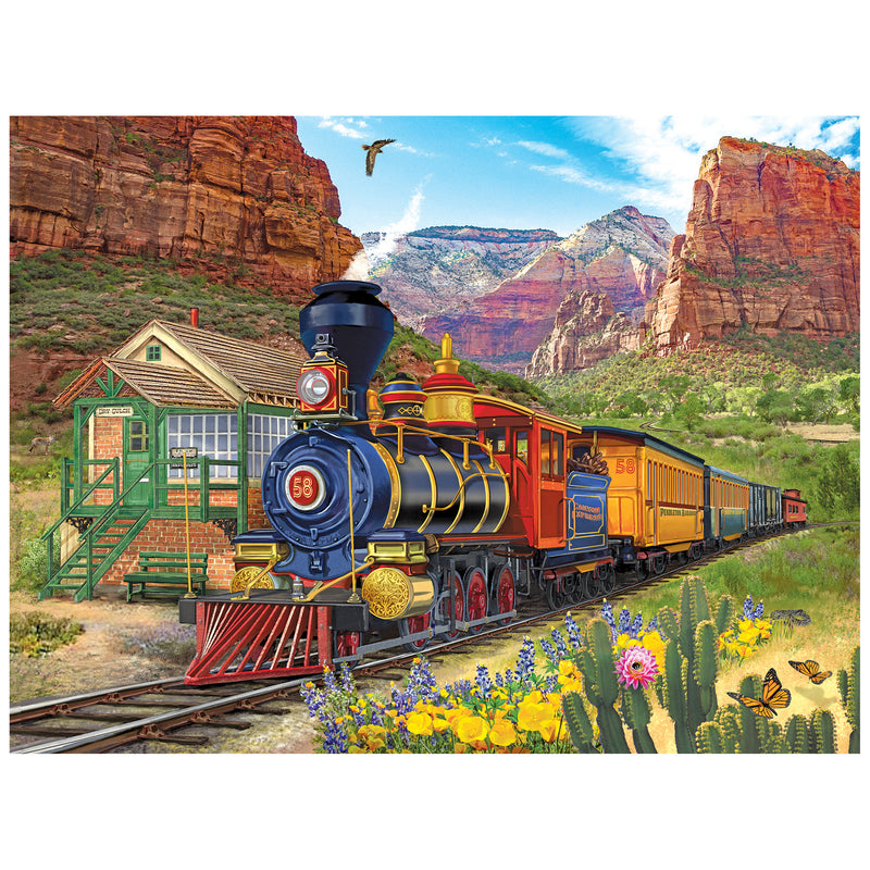 The ROSEART-BIGELOW ILLUSTRATIONS-CANYON EXPRESS-500 PIECE JIGSAW PUZZLE features a colorful steam locomotive #58 pulling yellow cars through a desert scene with red cliffs, cacti, wildflowers, and a bird—perfect for puzzle enthusiasts!.