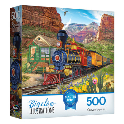 The ROSEART-BIGELOW ILLUSTRATIONS-CANYON EXPRESS-500 PIECE JIGSAW PUZZLE showcases a steam train navigating a canyon with cacti, mountains, and a quaint station house.