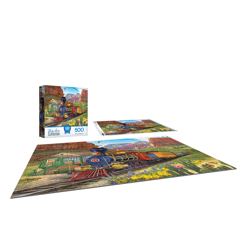 The ROSEART-BIGELOW ILLUSTRATIONS-CANYON EXPRESS 500-piece jigsaw puzzle, completed, showcases a vibrant train scene alongside its box and reference sheet.