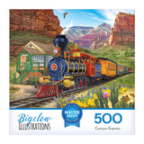 The ROSEART-BIGELOW ILLUSTRATIONS-CANYON EXPRESS 500 PIECE JIGSAW PUZZLE features classic Bigelow art of steam locomotive 58 journeying through a canyon with mountains, a green station house, and desert plants in the foreground.