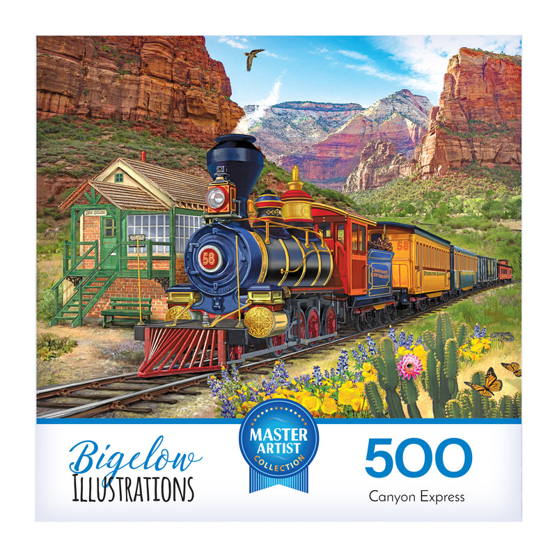 The ROSEART-BIGELOW ILLUSTRATIONS-CANYON EXPRESS 500 PIECE JIGSAW PUZZLE features classic Bigelow art of steam locomotive 58 journeying through a canyon with mountains, a green station house, and desert plants in the foreground.