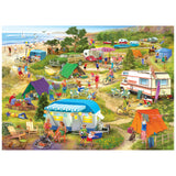 Experience lively seaside camping scenes with the ROSEART-BIGELOW COUNTRY-SEASIDE CRAMPED GROUNDS 1000 piece jigsaw puzzle, featuring campers setting up tents, cycling, playing games, cooking over campfires, and enjoying beach activities.