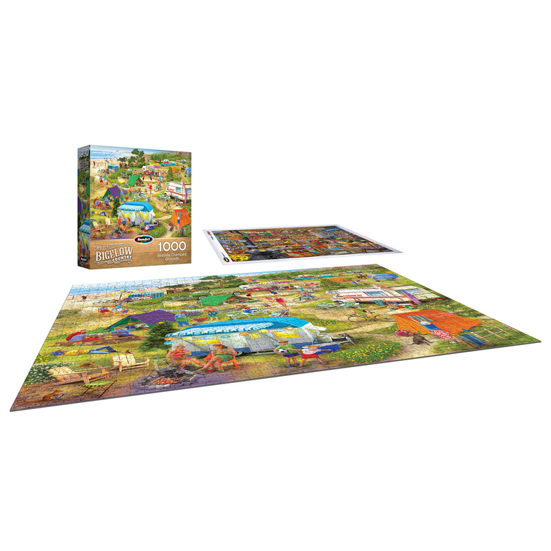 The ROSEART-BIGELOW COUNTRY-SEASIDE CRAMPED GROUNDS 1000 piece jigsaw puzzle is shown completed, featuring a colorful scene with the box and loose pieces displayed beside it.