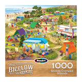 The ROSEART-BIGELOW COUNTRY-SEASIDE CRAMPED GROUNDS-1000 PIECE JIGSAW PUZZLE features an illustration of a busy seaside campground with tents, RVs, and people by the ocean.