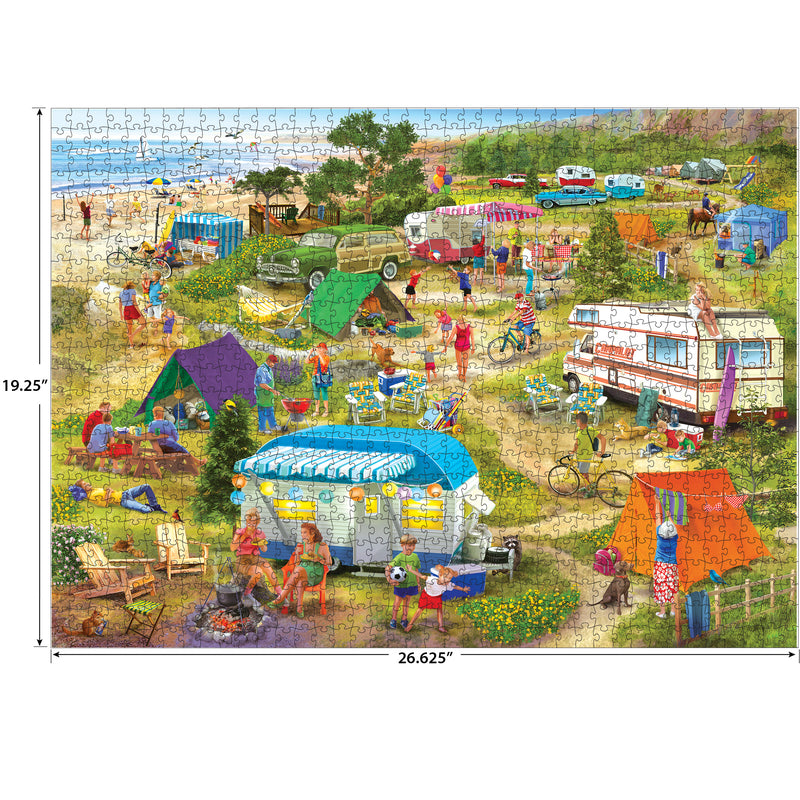 Experience a lively beachside camping scene with tents, cyclists, campers, and more in the ROSEART-BIGELOW COUNTRY-SEASIDE CRAMPED GROUNDS-1000 PIECE JIGSAW PUZZLE. Completed size: 19.25" x 26.625".