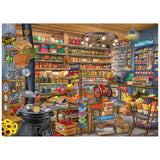 The ROSEART-BIGELOW COUNTRY-MOM AND POPS-1000 PIECE JIGSAW PUZZLE features a charming general store scene with stocked shelves, produce, crates, old-fashioned scales, a dog, and vintage details.