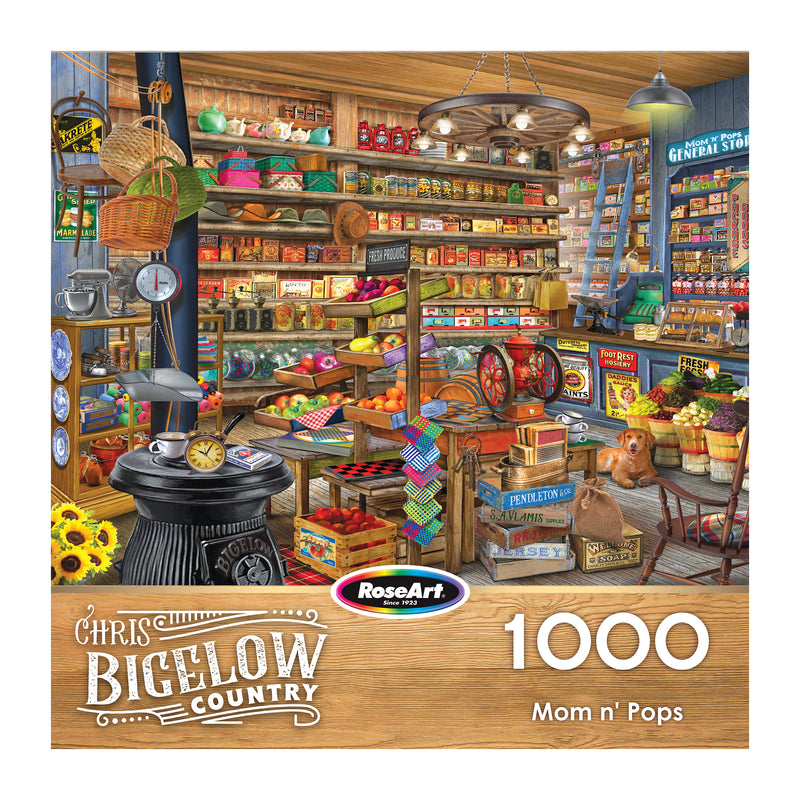 Illustration of a vintage general store filled with food, toys, and colorful goods; ROSEART-BIGELOW COUNTRY-MOM AND POPS 1000 piece jigsaw puzzle.