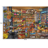 ROSEART-BIGELOW COUNTRY-MOM AND POPS-1000 PIECE JIGSAW PUZZLE features a vibrant old-fashioned general store interior with shelves of goods, fresh produce, baskets, vintage items, and a dog by the door—a charming scene to piece together.