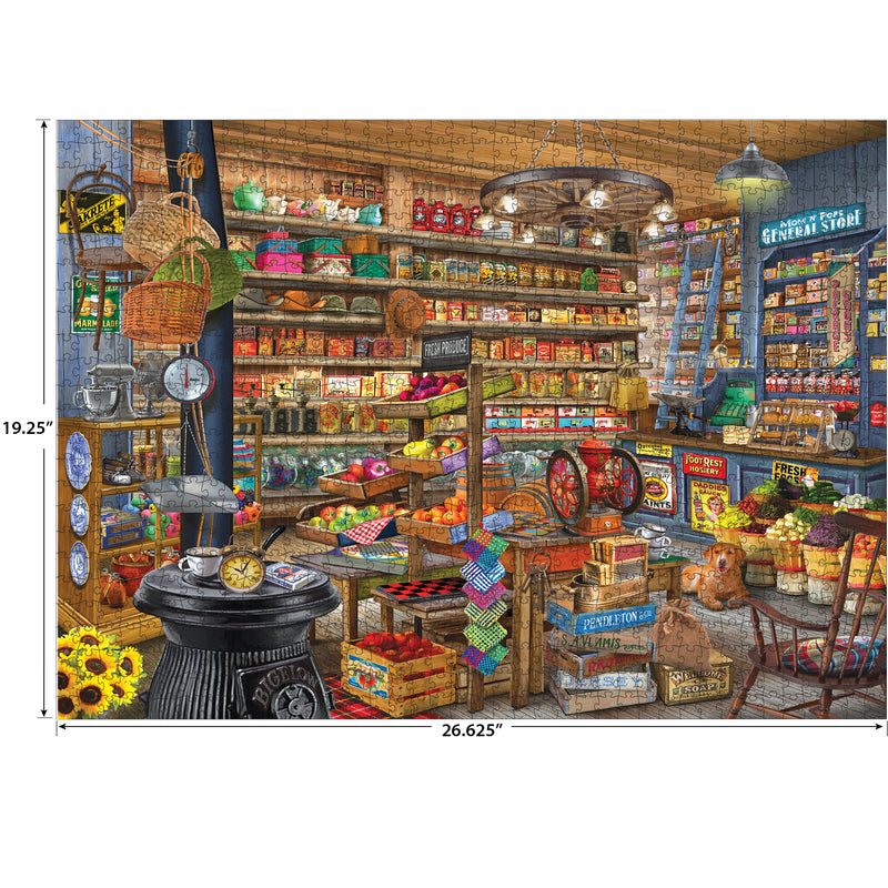 ROSEART-BIGELOW COUNTRY-MOM AND POPS-1000 PIECE JIGSAW PUZZLE features a vibrant old-fashioned general store interior with shelves of goods, fresh produce, baskets, vintage items, and a dog by the door—a charming scene to piece together.