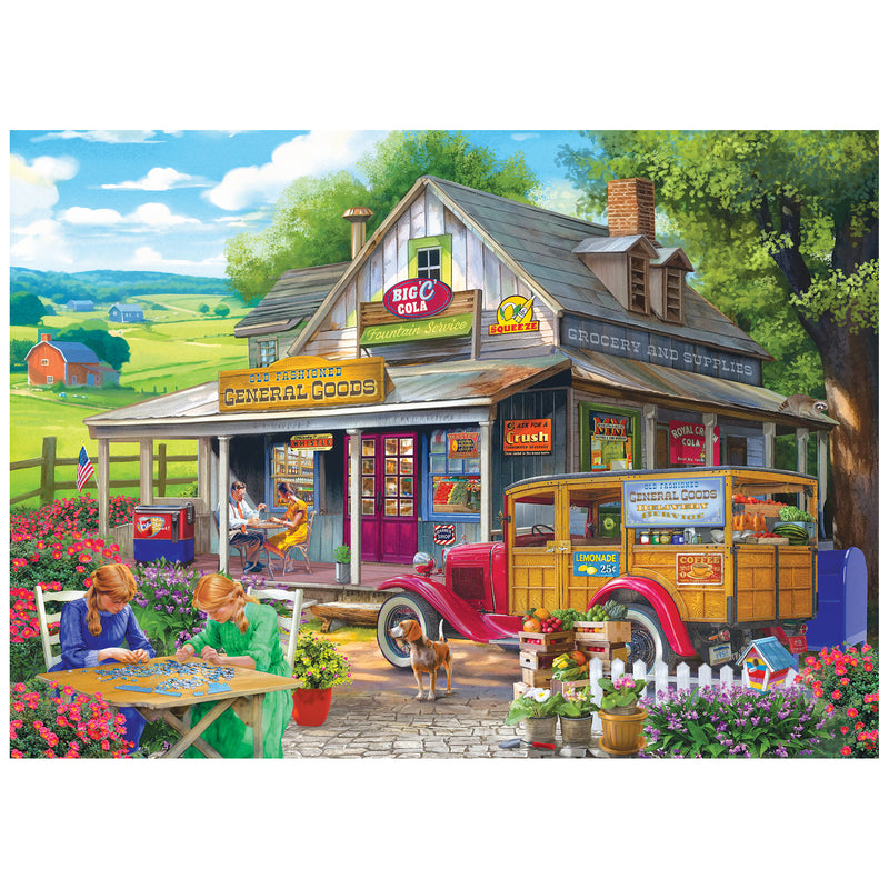 Experience country charm with the ROSEART-BIGELOW COUNTRY-GENERAL GOODS-1000 PIECE JIGSAW PUZZLE, featuring a vintage general store, people, red car, dog, flowers, and a scenic countryside under a blue sky.
