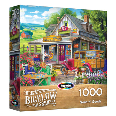 The ROSEART-BIGELOW COUNTRY-GENERAL GOODS-1000 PIECE JIGSAW PUZZLE showcases a classic general store, a vintage car, and two children at a table set against scenic countryside.