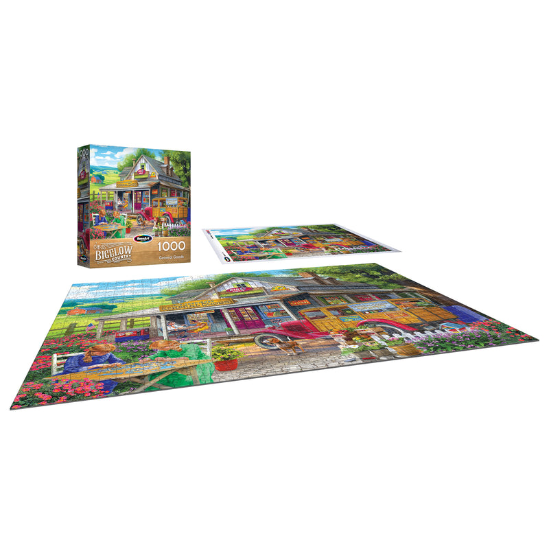 A completed ROSEART-BIGELOW COUNTRY-GENERAL GOODS-1000 PIECE JIGSAW PUZZLE featuring a vibrant cottage scene is shown with its box and reference poster—ideal for puzzle enthusiasts who enjoy a challenge.